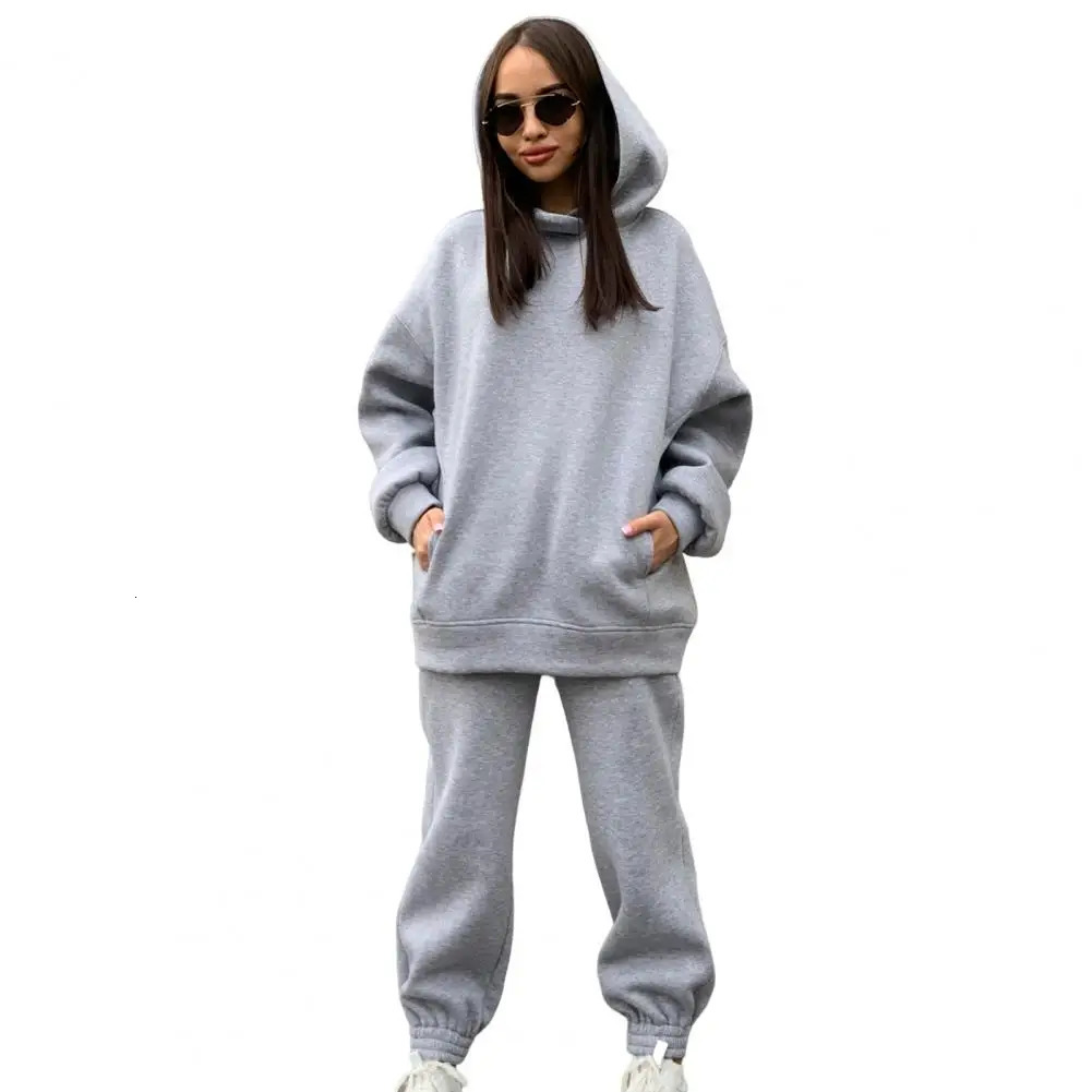 Autumn sportswear womens solid color long sleeved thick warm sports hoodie elastic waist pants set tight running women 241007
