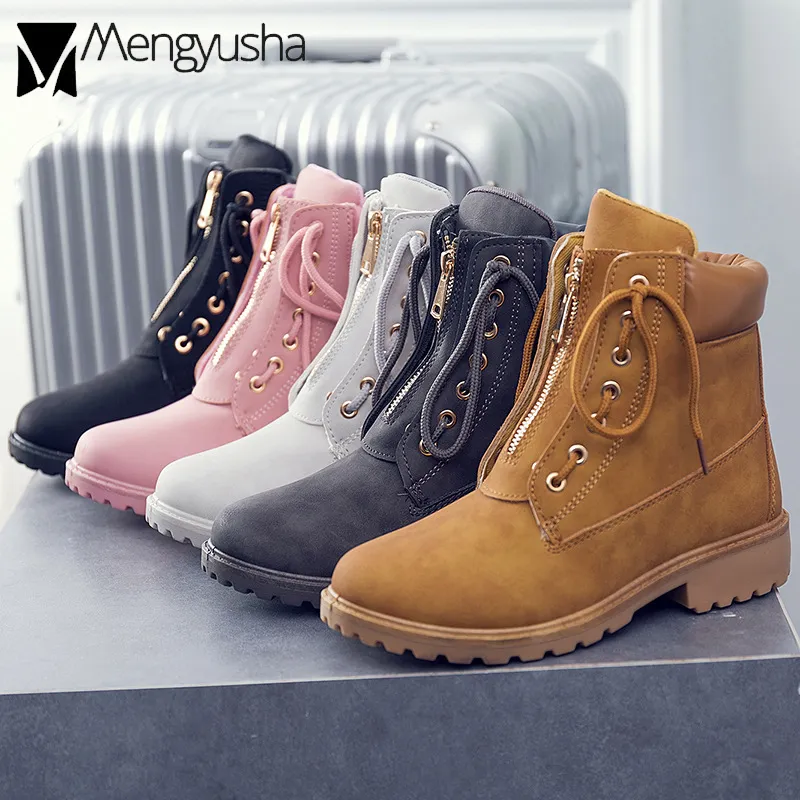British Winter Work Riding Boots Women 5 Colors Famous Designer Two Wear Ankle Booties Front Zip Lace-Up Flat Botas Shoes Bottes Slippers