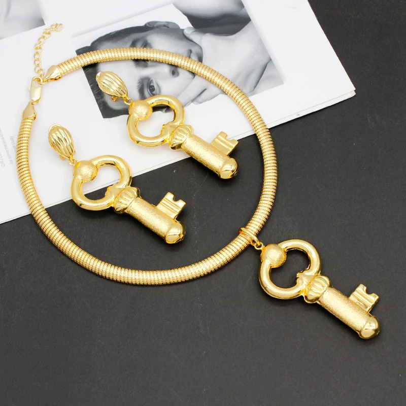 Dubai Necklace Earrings Set Key Pattern African Women Gold Plated Fashion Jewelry Nigeria Bride Jewellery Wedding Party Gifts 241007