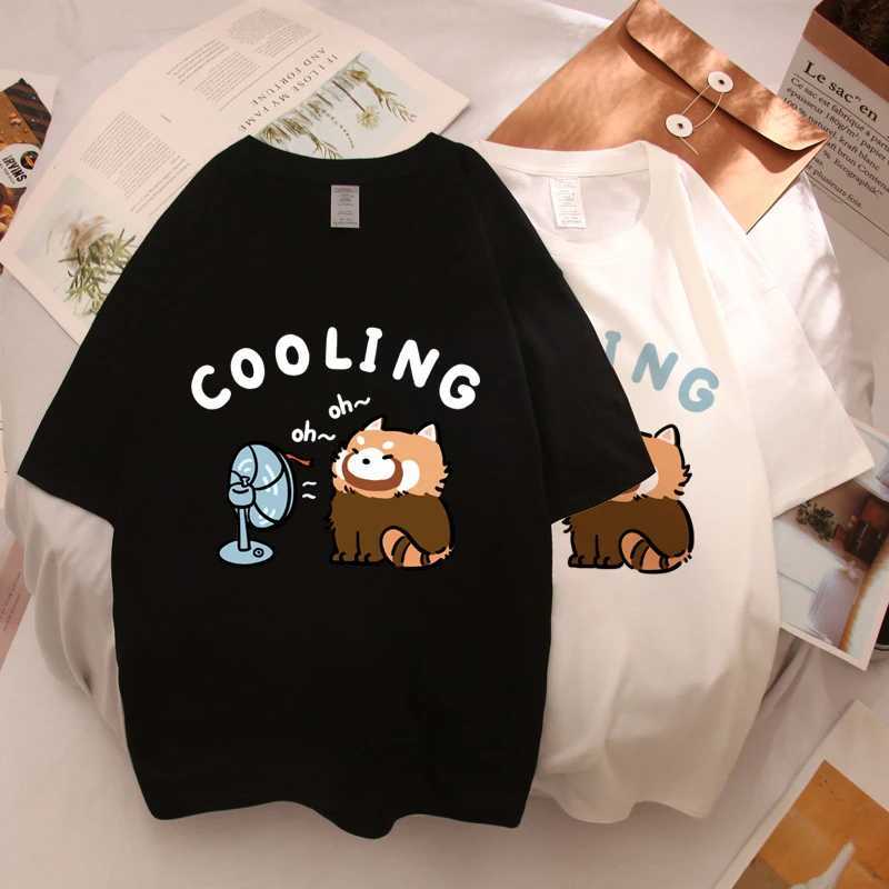 Interesting panda and raccoon illustrations printed mens and womens short sleeved summer cotton breathable T-shirt casual loose T-shirtW240716
