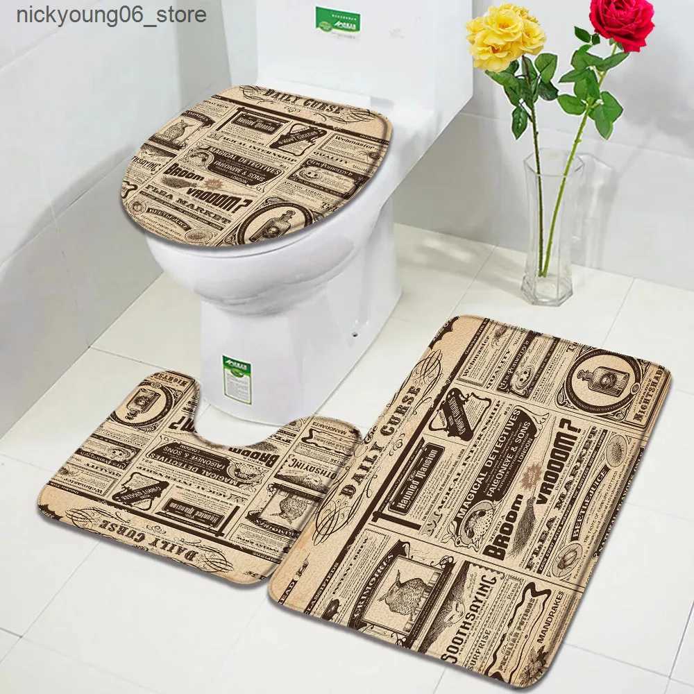 Non-Slip Bath Mats Vintage Old Newspaper Bath Mats Set Bathroom Rules French Paris Tower Skull Retro Door Rug Home Decor Anti-Slip Toilet Cover Mat L2