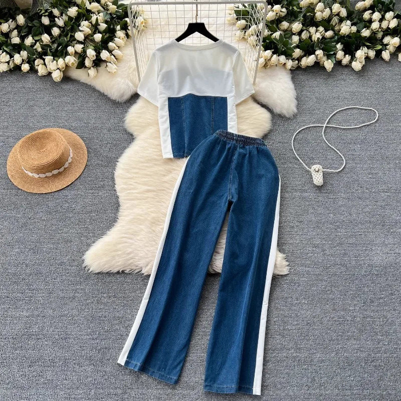 Neploe Simple Fashion Short Sleeve Spliced Denim Top WomensHigh Waist Wide Leg Pants Summer Two Piece Set 241008