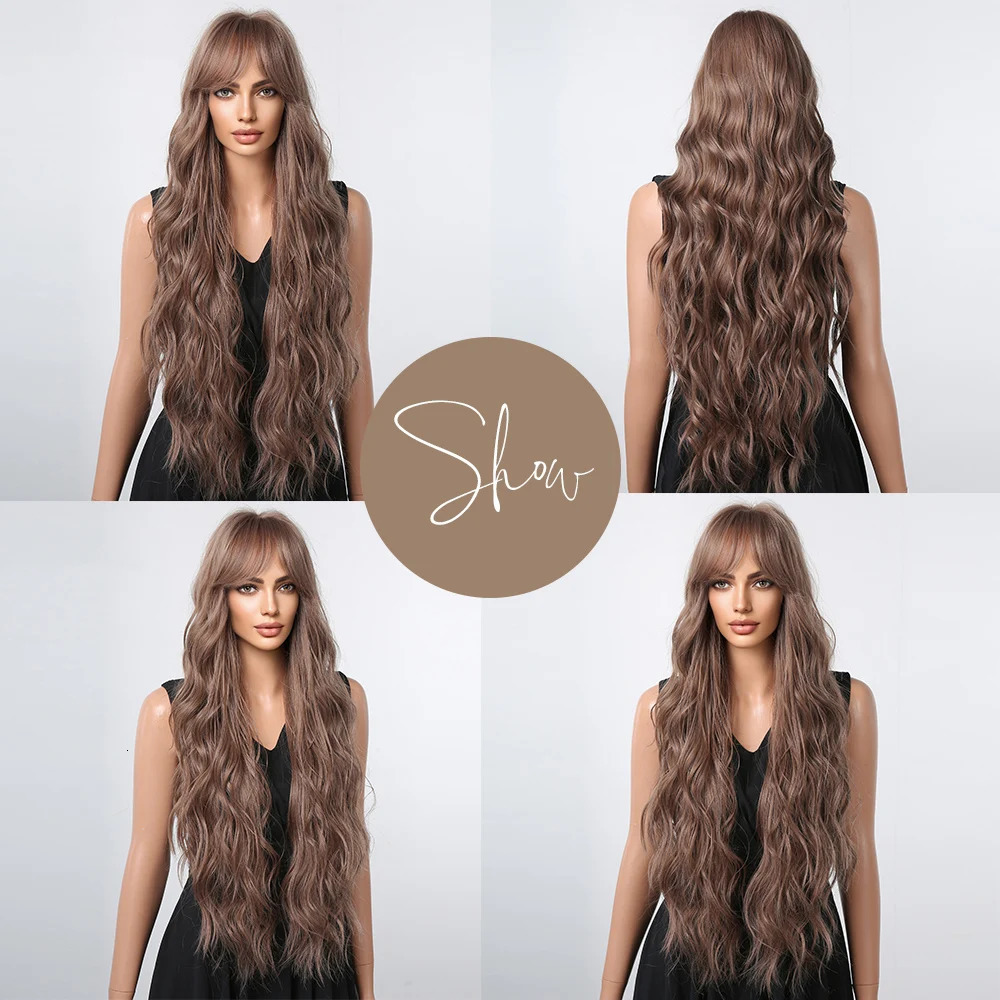 Ultra long curly chocolate brown synthetic hair wig with bangs African female role-playing water wave natural heat-resistant wig 241007