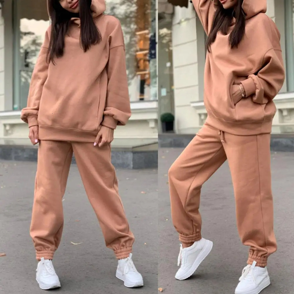 Womens autumn Velour hooded jacket and pants sportswear set winter womens jogging 2piece 241007