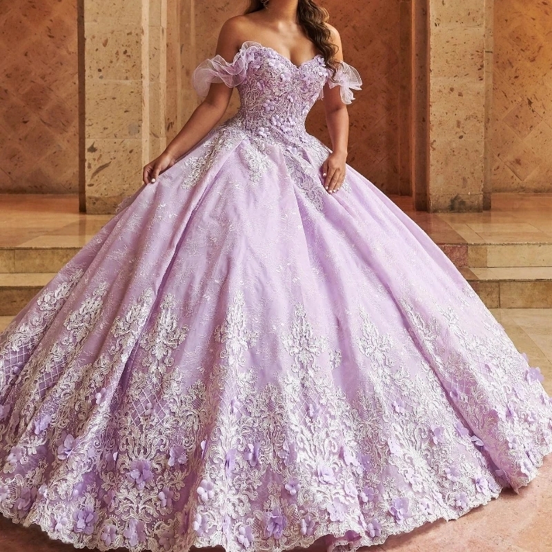 Lilac Ball Gown Quinceanera Dresses Princess Appliques Lace Beading Puffy Luxury Off the Shoulder Party Birthday Dress Vestidos De 15 Anos