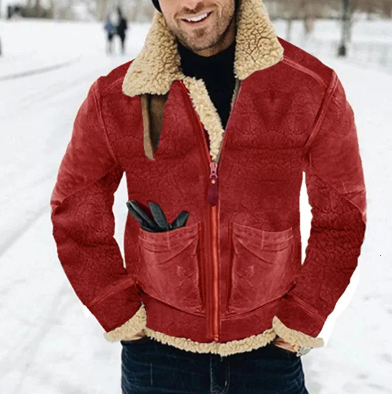 leather and fur integrated mens jacket autumn and winter thick printed jacket suede warm cashmere 240930