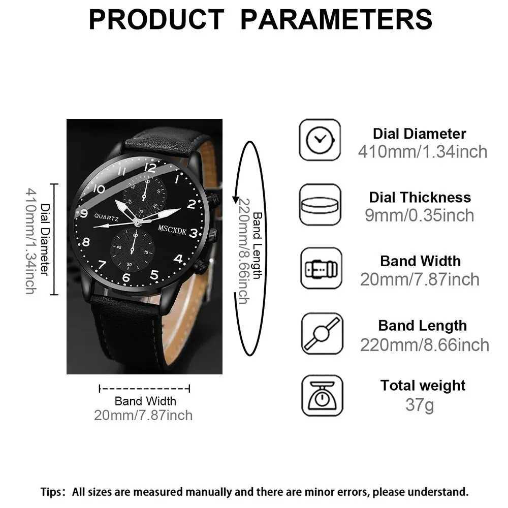 2pcs Black Round Quartz Watch With Leather Bracelet Men Business Watch Fashion Casual For Daily SportsX241010