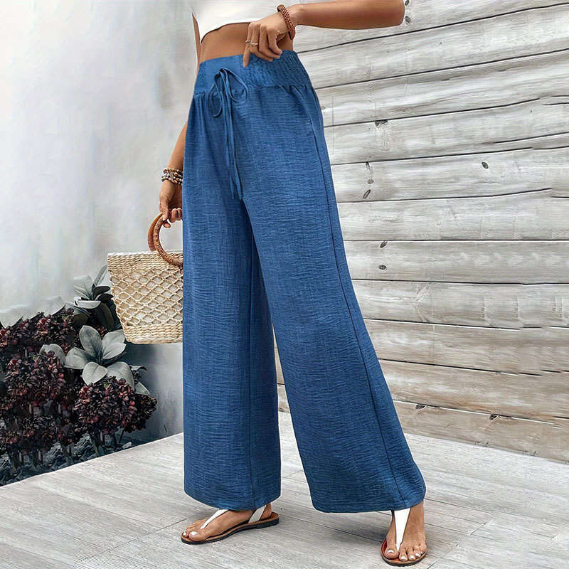 Womens 2024 New Commuter High Hug Elastic Waist Loose Wide Straight Leg Solid Color Elegant Pants for Women Fashionable Printing All-match Model