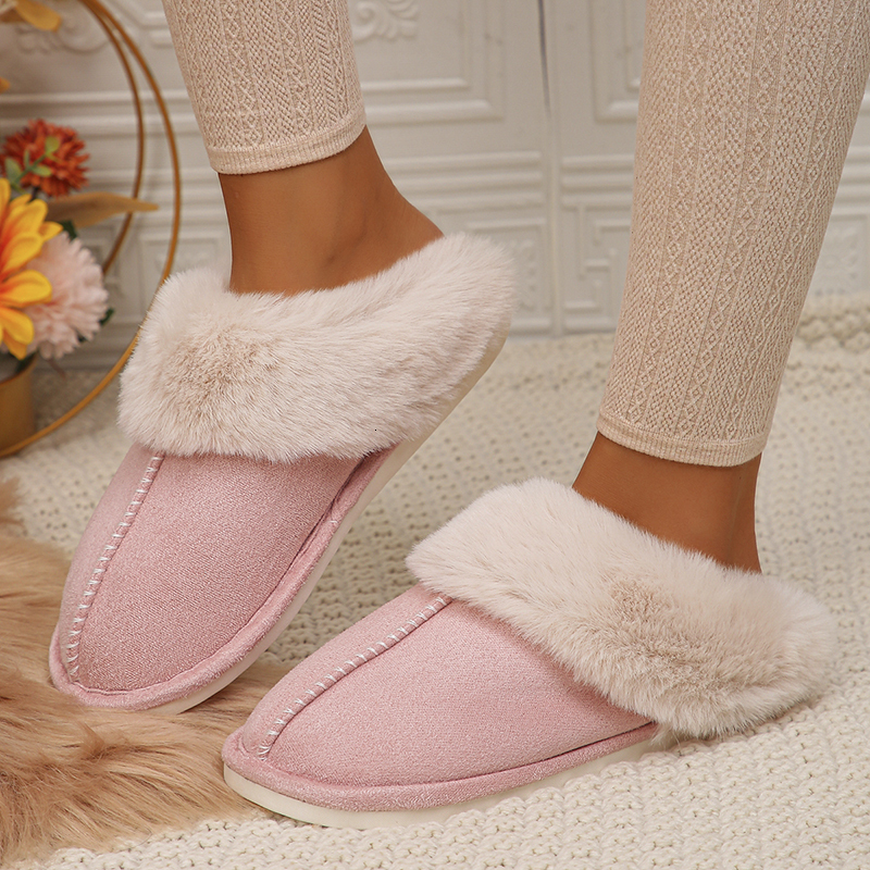 Lucyever Winter Home Fur Slippers Women 2023 New Couples Flat Heels House Cotton Shoes Woman Faux Suede Keep Warm Plush Slides