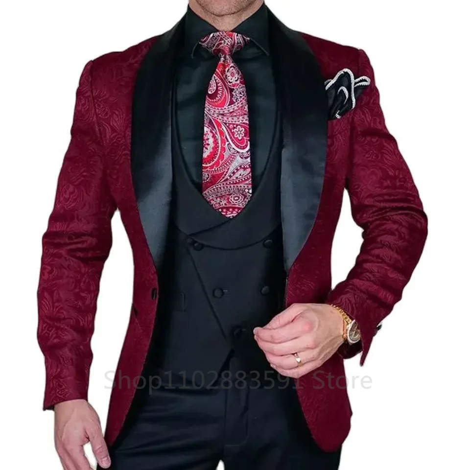 Black jacquard wedding party tailcoat suitable for grooms shawl lapel 3 pieces ultrathin fit mens suit vest 240929