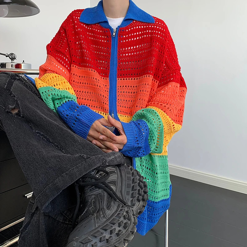 Rainbow cardigan mens loose lapel board stripe Y2K young vitality fashion senior daily knitting fashionable retro 241007