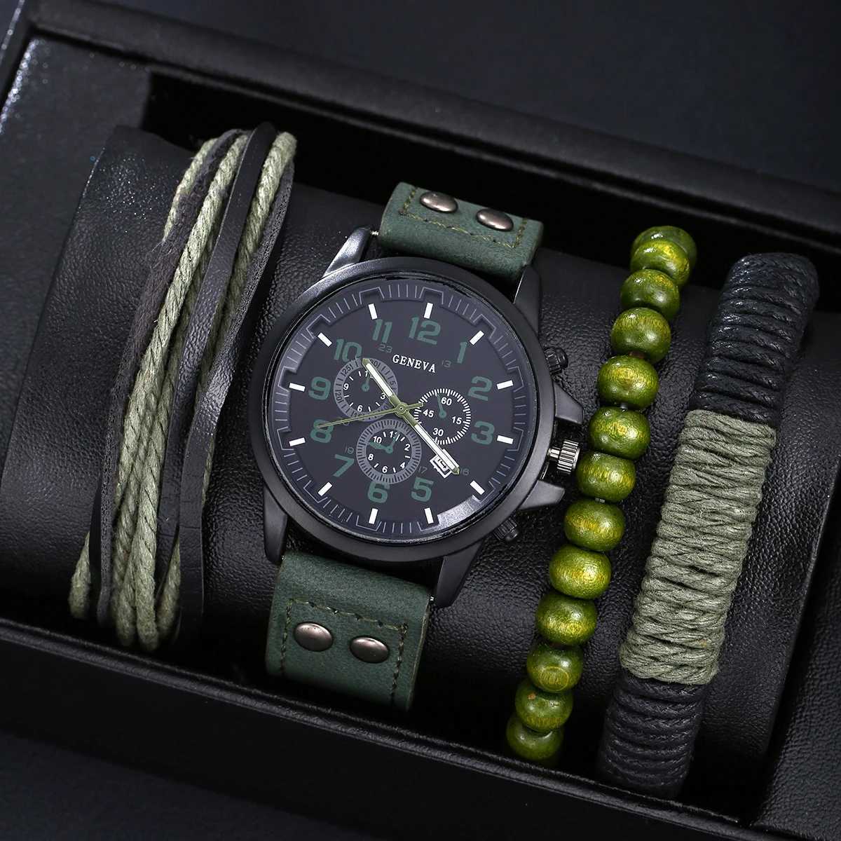 Mens New Handsome Army Green Belt Quartz Watch+Three BraceletsX241010