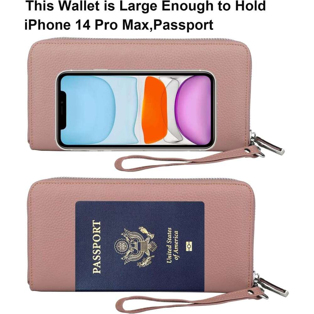 Women's RFID Blocking 100% Leather Large Capacity Zip Around Wallet Phone Holder Clutch Travel Purse Wristlet