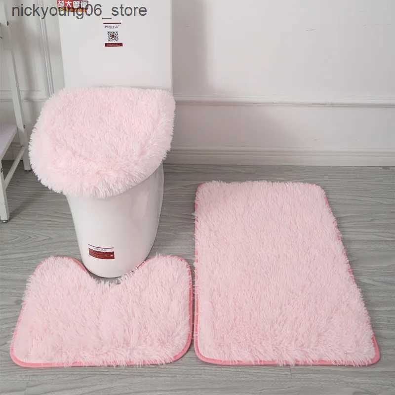 Non-Slip Bath Mats 3pcs/set Solid Color Bathroom Mat Set Fluffy Hairs Bath Carpets Modern Toilet Lid Cover Rugs Kit Rectangle 50*80 50*40 45*50cm L240
