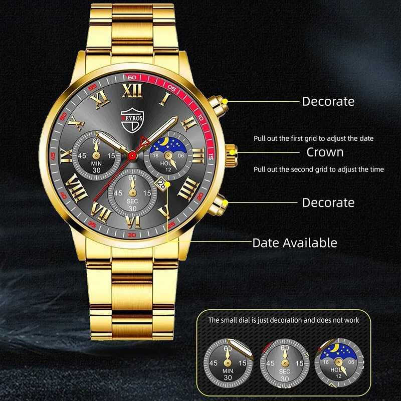 2PCS Fashion Mens Calendar Watches Luxury Male Stainless Steel Quartz Wristwatch Luminous Clock Men Bracelet Wrist WatchX241010