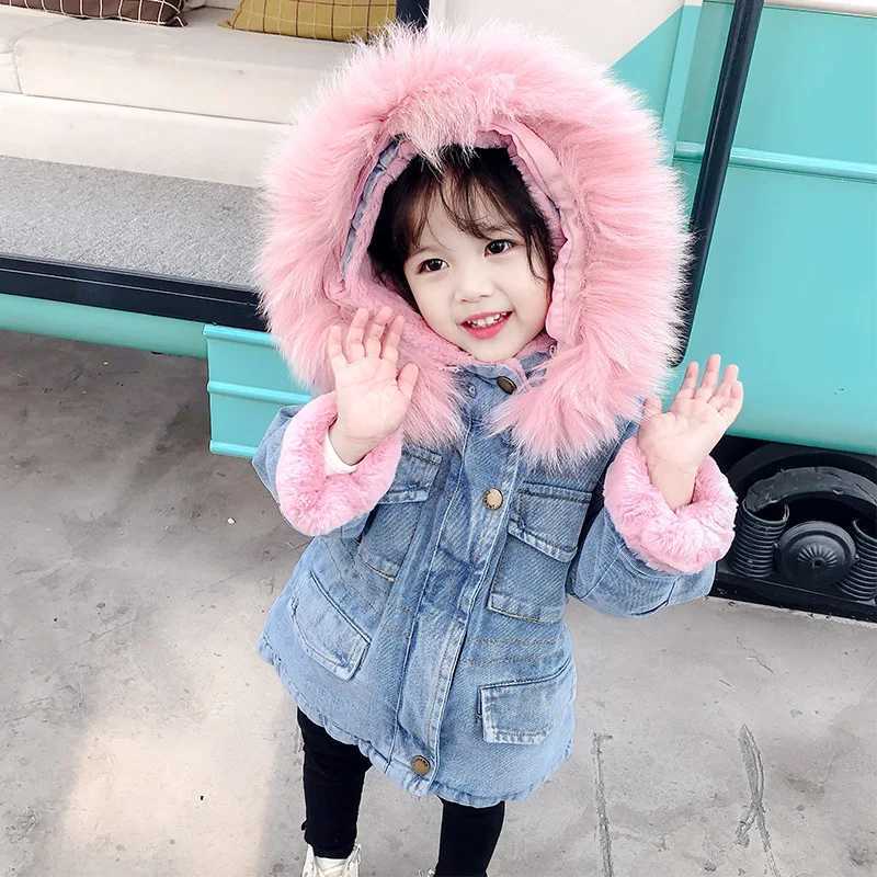 Down Coat Winter Baby Denim Jacket with Fur Warmth for Preschool Girls Plush Denim Jacket Cotton 1-5 Year Old Baby Girls Parka H241010