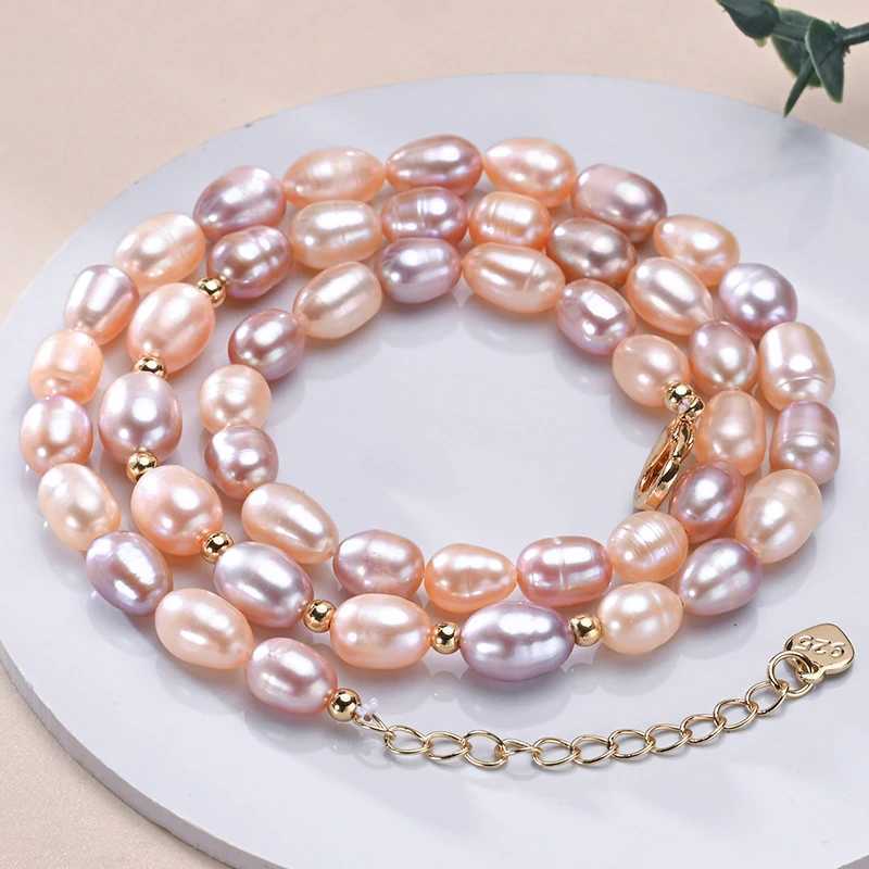Natural Freshwater Pearls Rice Shape Multicolored Necklace Golden Beads S925 Sterling Silver Chain Fine Jewelry Gifts for WomenX241009