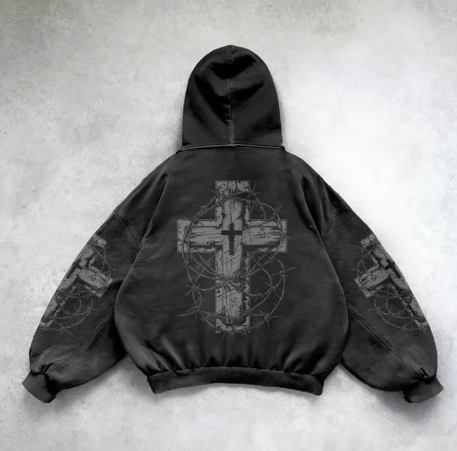 Harajuku Gothic Skull Cross Hooded Sweater Mens Hip Hop Punk y2k Exquisite Pattern Personalized Cotton Street Oneck Tshirt 241010
