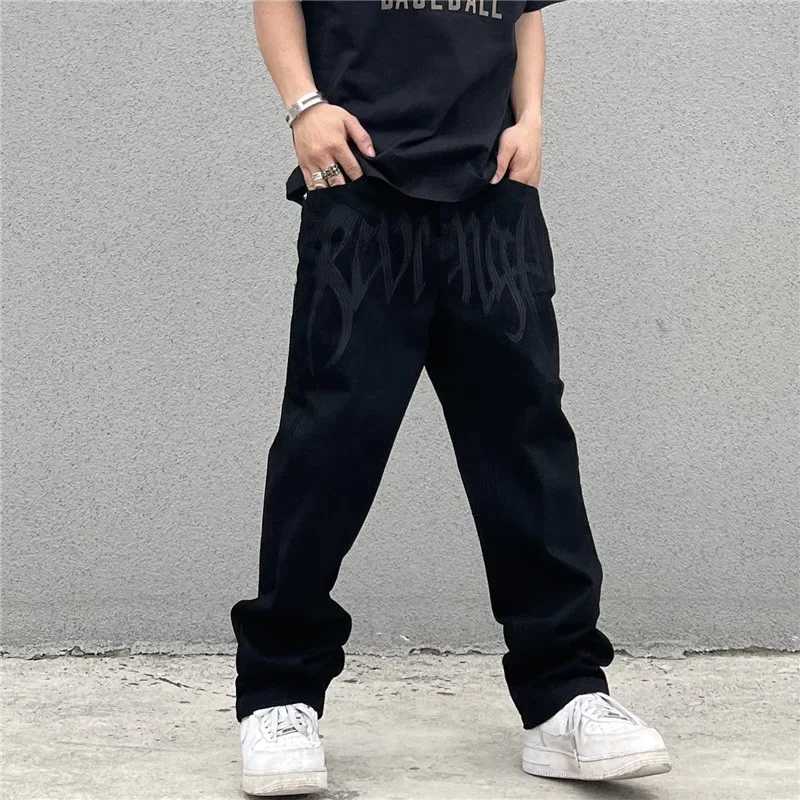 Black Baggy Straight Jeans Mens Streetwear American Vintage Printing Letter Pants Hip-hop Y2K Loose Denim TrousersX241009