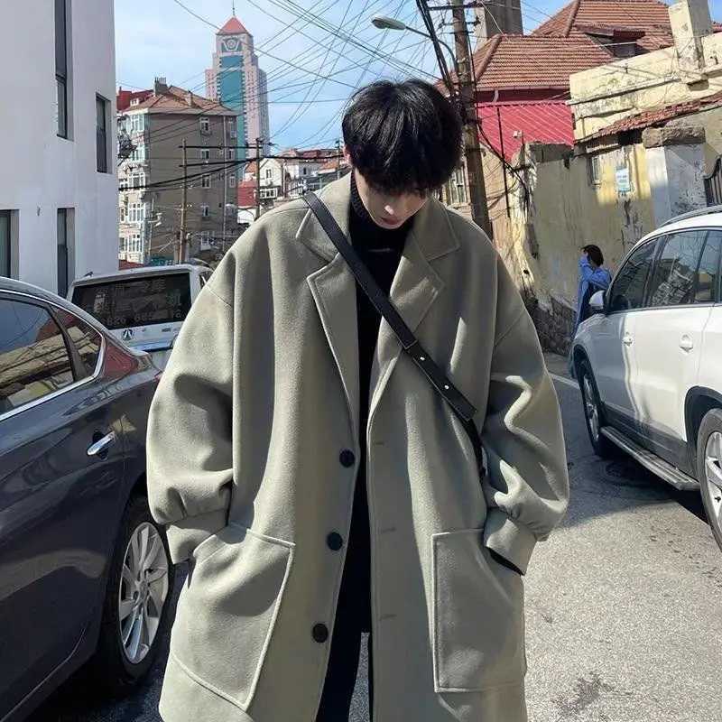 Winter trendy brand single-breasted mid-length woolen coat for men loose thickened warm windbreaker Korean style trendy for men LX241010