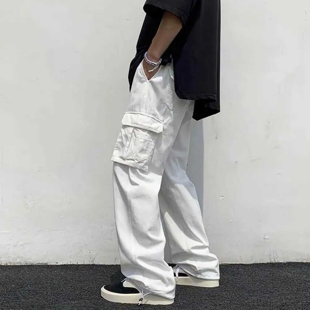 Mens cargo pants straight pants with multiple pockets solid color brushed elastic waist work and leisure pants W241009