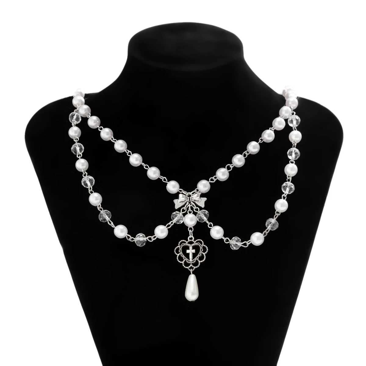 Salircon Vintage Heart Cross Pendant Necklace Gothic Multi layered Tassel Imitation Pearl Chain Choker Trend Party Neck JewelryX241009