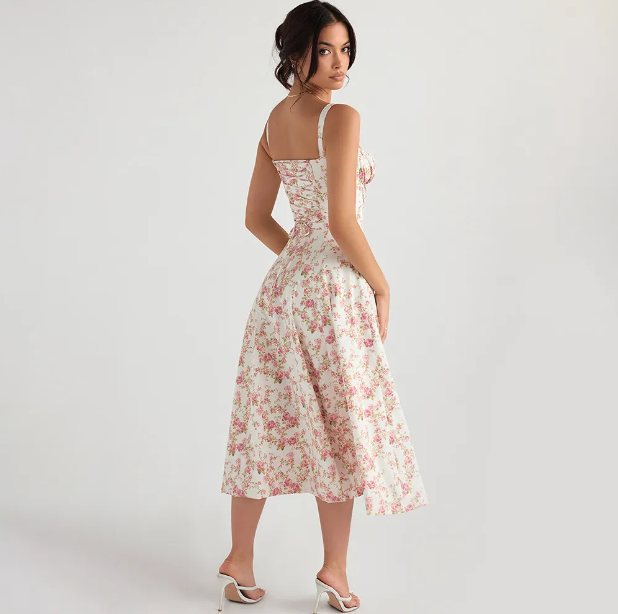 House Of Cb Casual Corset Split Skirt Bow Tie Chest Frill Details Print ral Midi Dresses Back Lace Up Robe Clothing Women's Summer Long Dress 17c