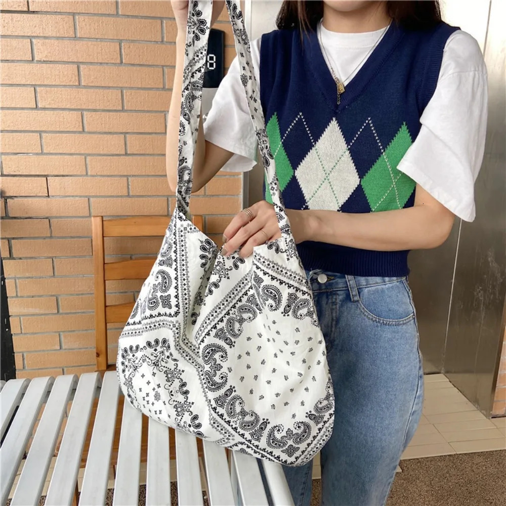 Ethnic style shoulder bag printed canvas handbag with zipper womens fashion large capacity shopping bag travel storage bag 241008