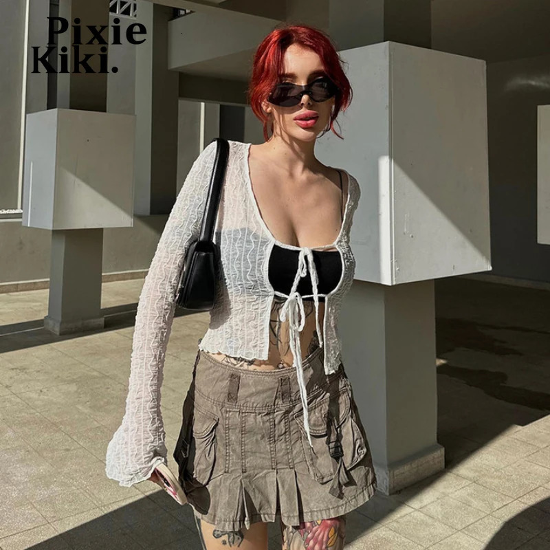PixieKiki See Through Mesh White Black Tops Y2k Clothing Tie Front Cropped Cardigan Long Sleeve Shirts Women Spring 2024 P85BH12 241010