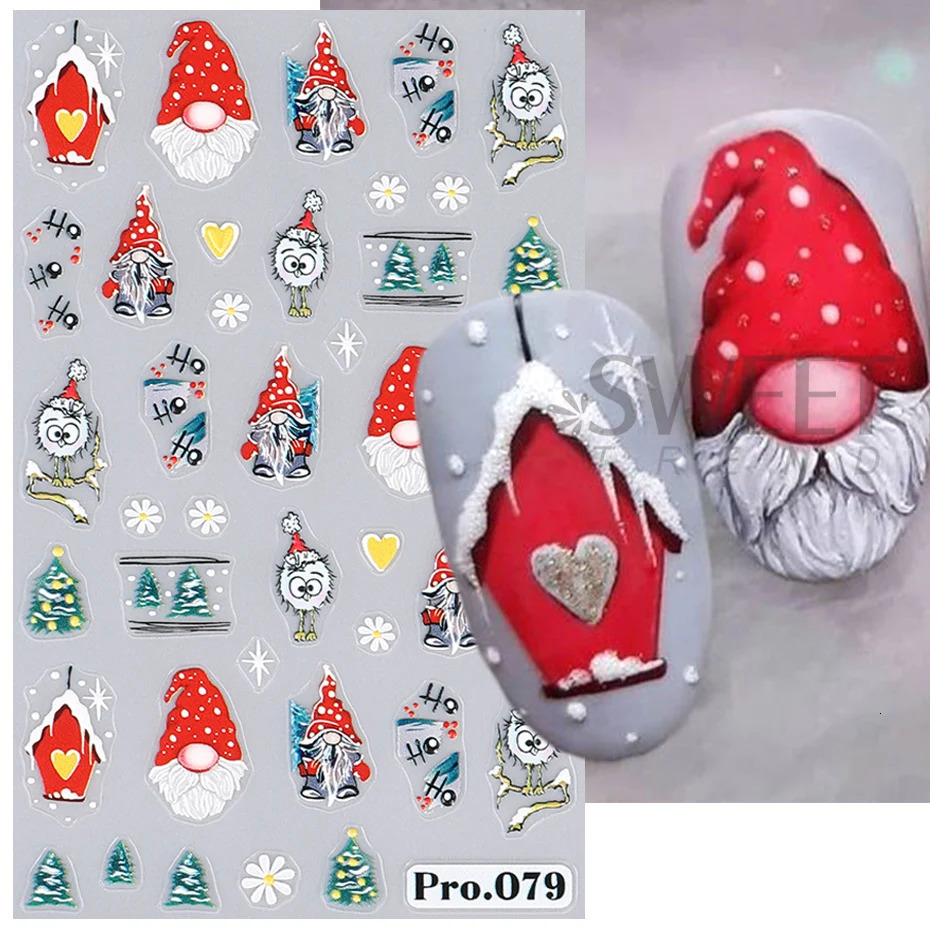 Cute Deer Christmas Nail Stickers 5D Embossed Elk Stars Gingerbread People Snowflake Santa Claus Holly DIY Winter Carving Handicrafts 241008