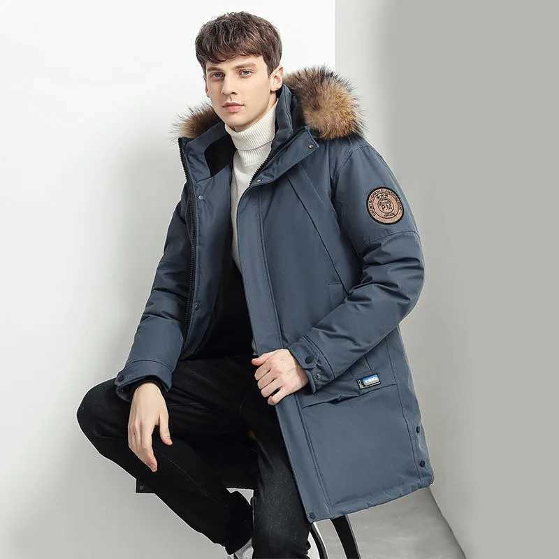 Men's Down Parkas 2024 New Men Down Jacket Winter Coat Mid-length Loose Frock Parkas Thicken Warm Fur Collar Outwear Hooded Trend Overcoat Y24100