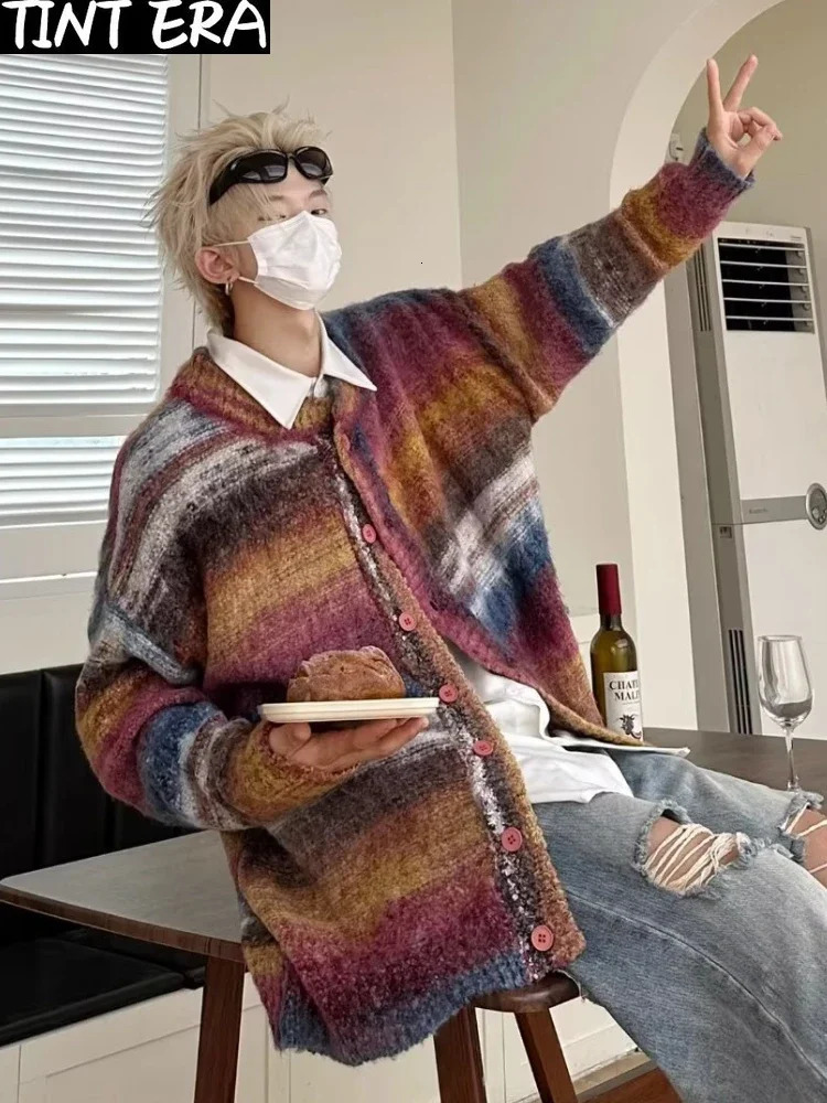 Striped knitted sweater jacket for men Japanese Y2K oversized casual autumn loose V-neck cardigan for men rainbow color 241007