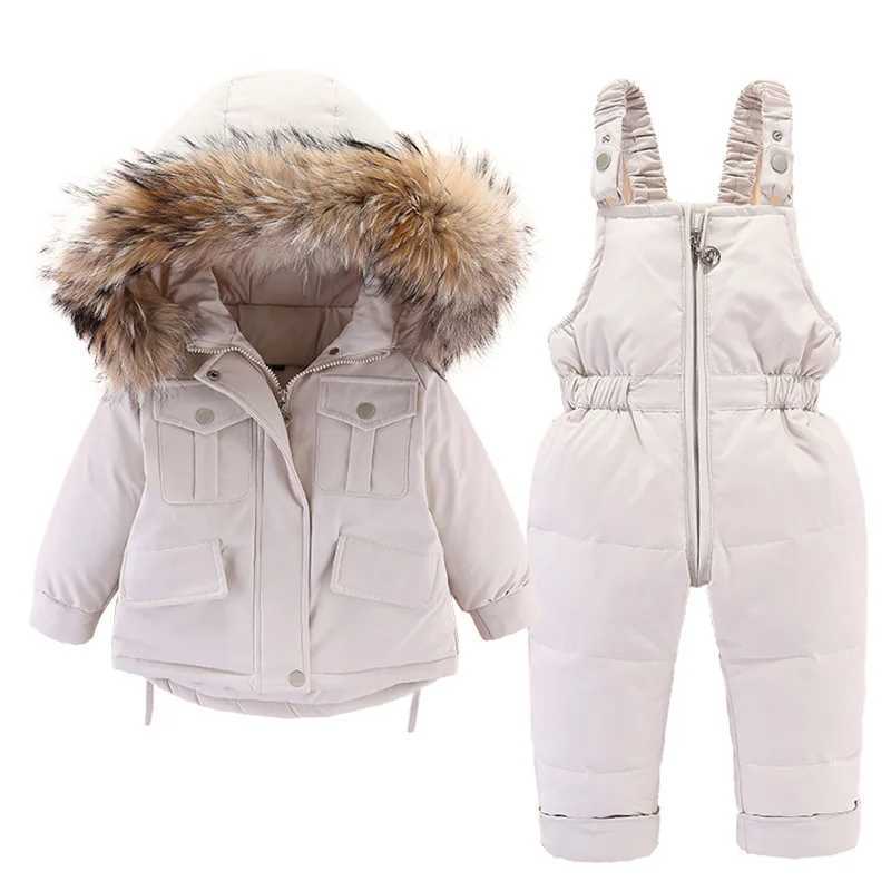 Down Coat 2-piece set of baby girl winter jacket and childrens jumpsuit with thickened warm fur collar jacket H241010