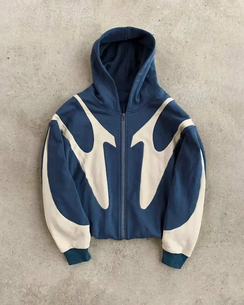 American Y2K Green Stitching Oversized Zipper Mens Hoodie Harajuku Trend Hiphop Gothic Retro Sweatshirt Casual Street Wear 241008