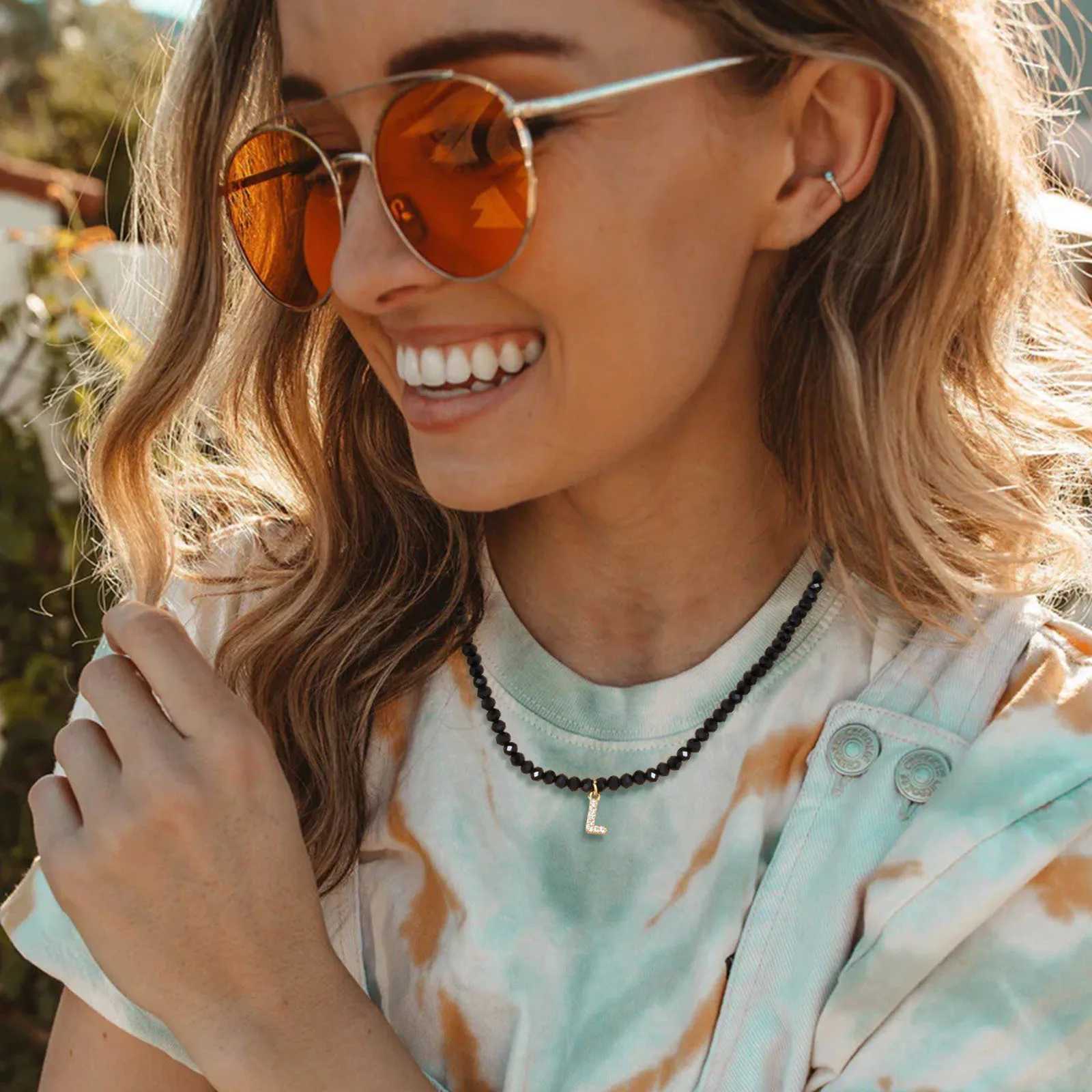 Vnox Gothic A-Z Initial Necklaces for Women Black Geometric Crystal Beads Choker 26 Letters Alpabet Stackable Chain NecklaceX241009