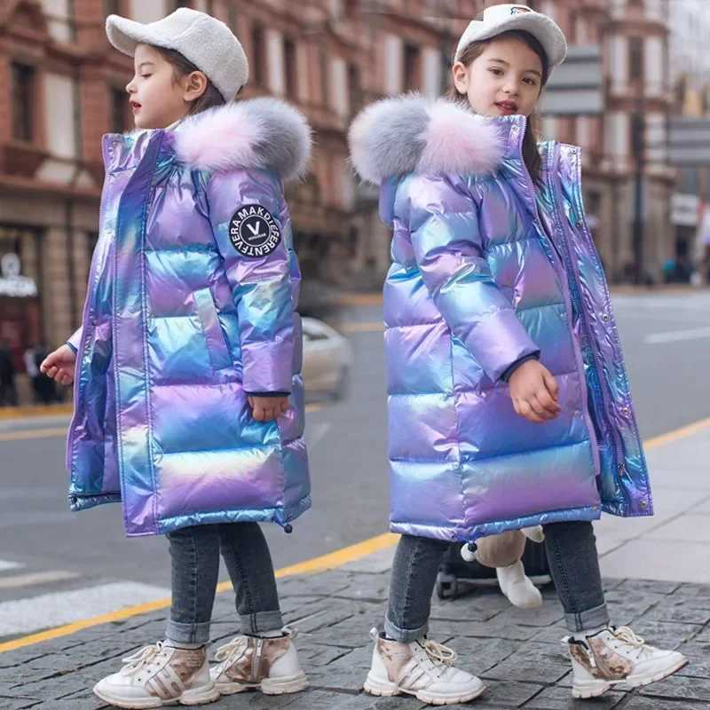 Down Coat Girls warm winter jacket fashionable waterproof shiny hooded childrens jacket 5-14 years old youth park clothing H241010