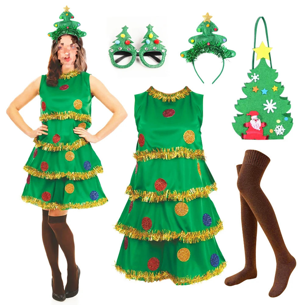Womens Christmas tree roleplaying costume green pleated sleeveless dress headband socks fancy Halloween party 241007