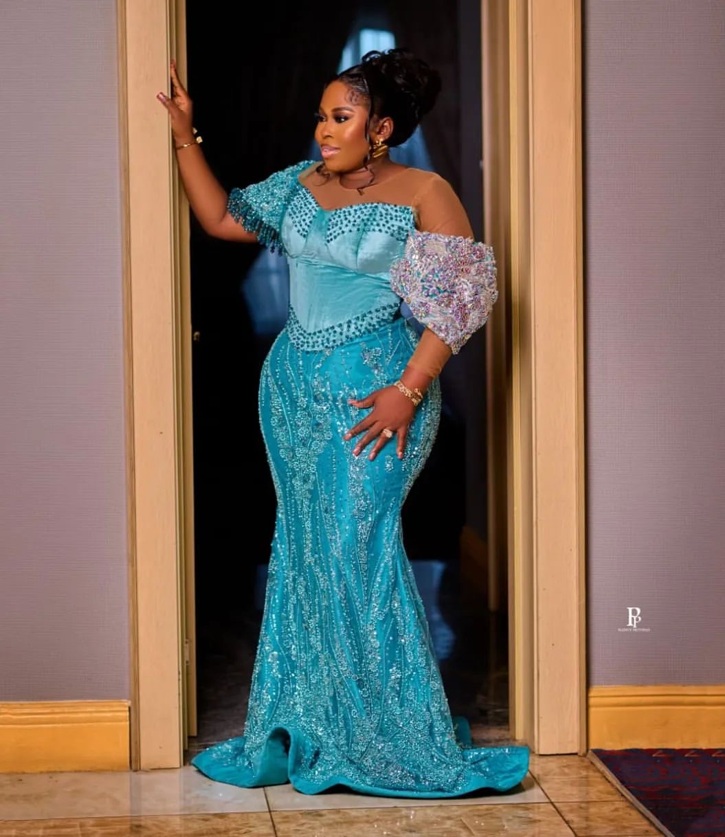 Ebi Aso Blue Mermaid Prom Dresses Rhies Sequined Lace Tassels Evening Formal Party Second Reception Birthday Gowns Dress For Special Ocns ZJ