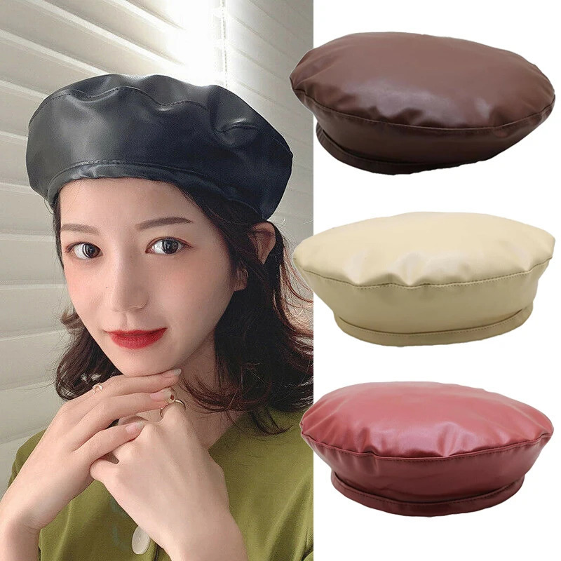 Vintage French Beret Cap for Women Leather Berets Wool Autumn Winter Street Style Plain Cap Wool Warm Girls Beanie Hat Caps 241009