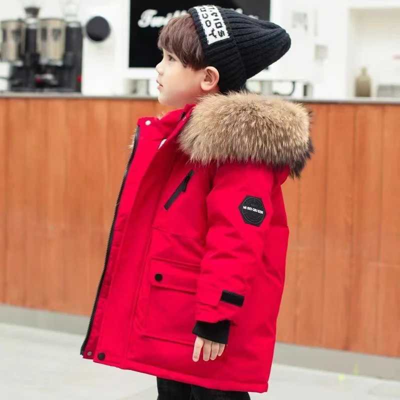 Down Coat 2024 New Boys Winter Jacket Thick Warm Coat Boys Parka Real Fur Hooded Snow Jacket Childrens Gloves 4 8 10 12 H241010