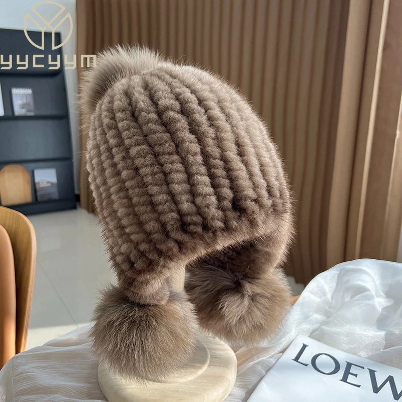 Winter selling womens real mink fur hat knitted ear warm spiral bean with fox fluffy top 241009