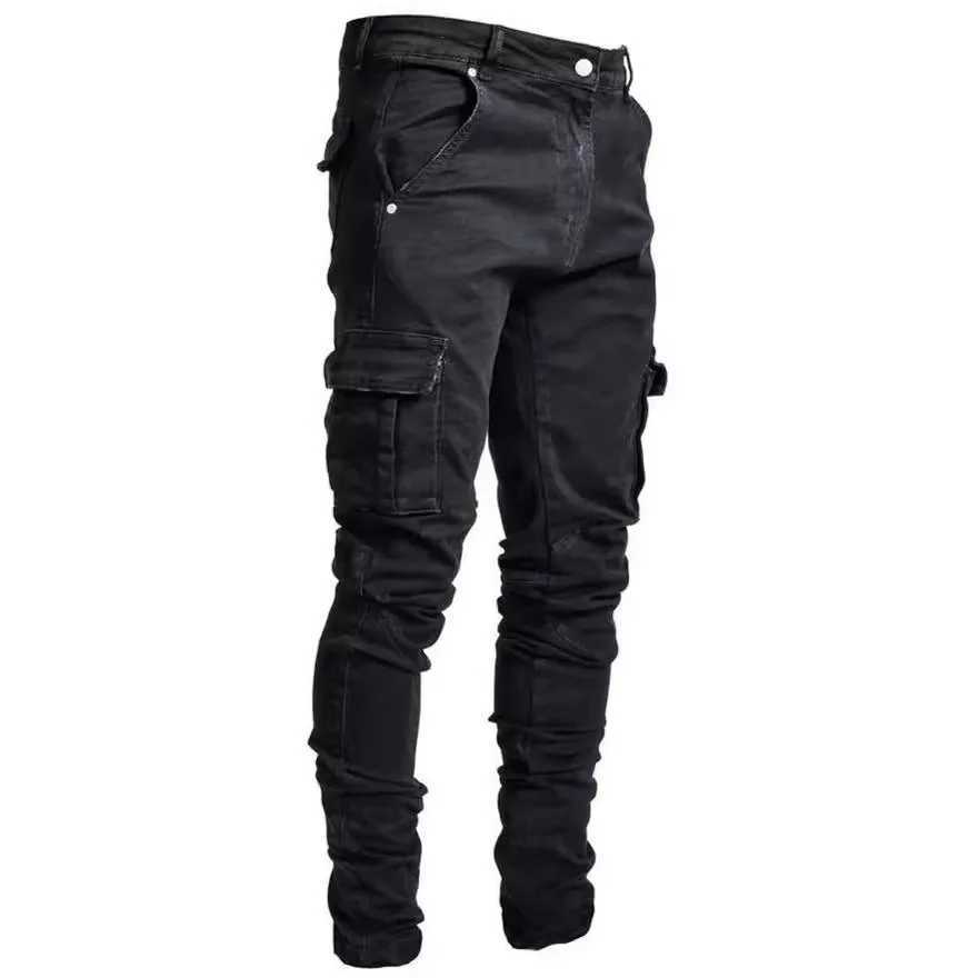 Stylish Tide Brand Men Cargo Narrow Leg Denim Pants Elastic Slim Fit Jeans Solid Color Multi Pockets Casual Skinny Male TrousersX241009