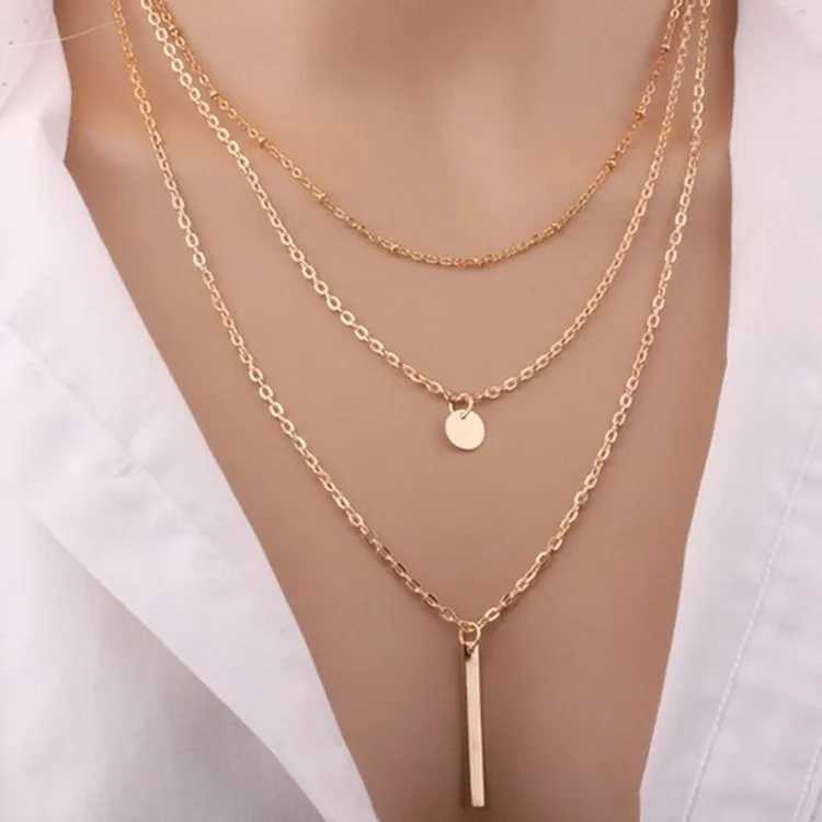 Hot Jewelry New Copper Bead Chain Sequin Metal Strip Necklace Multi-layer Round Piece 1 Word Necklace ChokerX241009