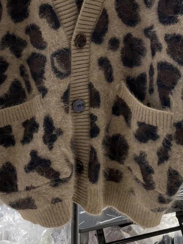 Womens oversized cardigan wool sweater autumn clothing retro suede leather strapless fashion casual leopard print knitted jacket handle for women 2410