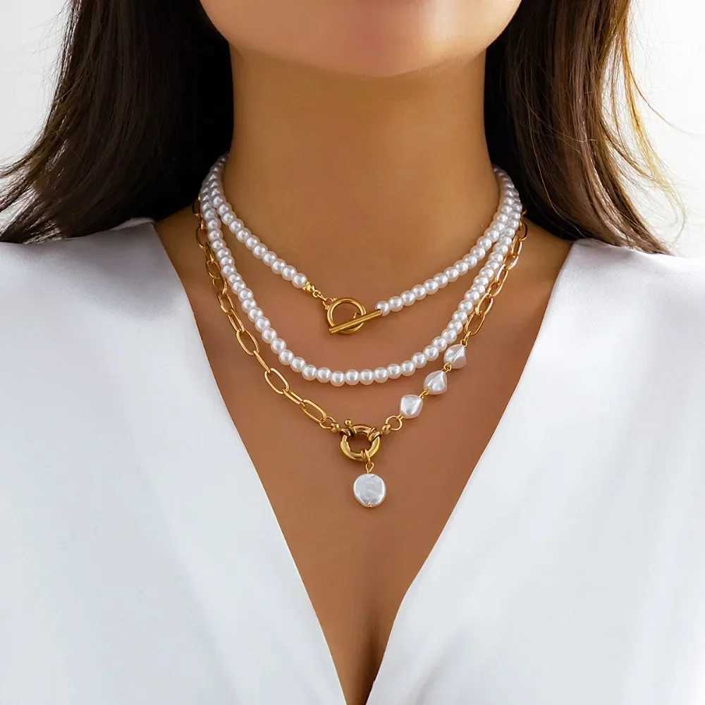 Multilayer Imitation Baroque Pearl Pendant Necklace Women Wed Bridal Goth Bead Chain Y2K Accessories Neck Jewelry DecorationX241009