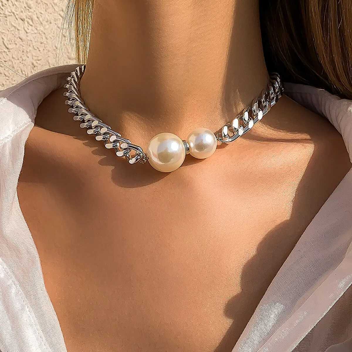 Vintage Punk Cuban Chains Necklaces Women Gothic Imitation-Pearl Pendant Necklace Chokers Fashion Accessories JewelleryX241009