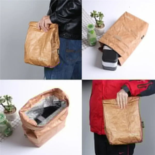 Brown Paper Lunch Bag Reusable Insulated Thermal Cooler Sack Magnetic Clre 240925