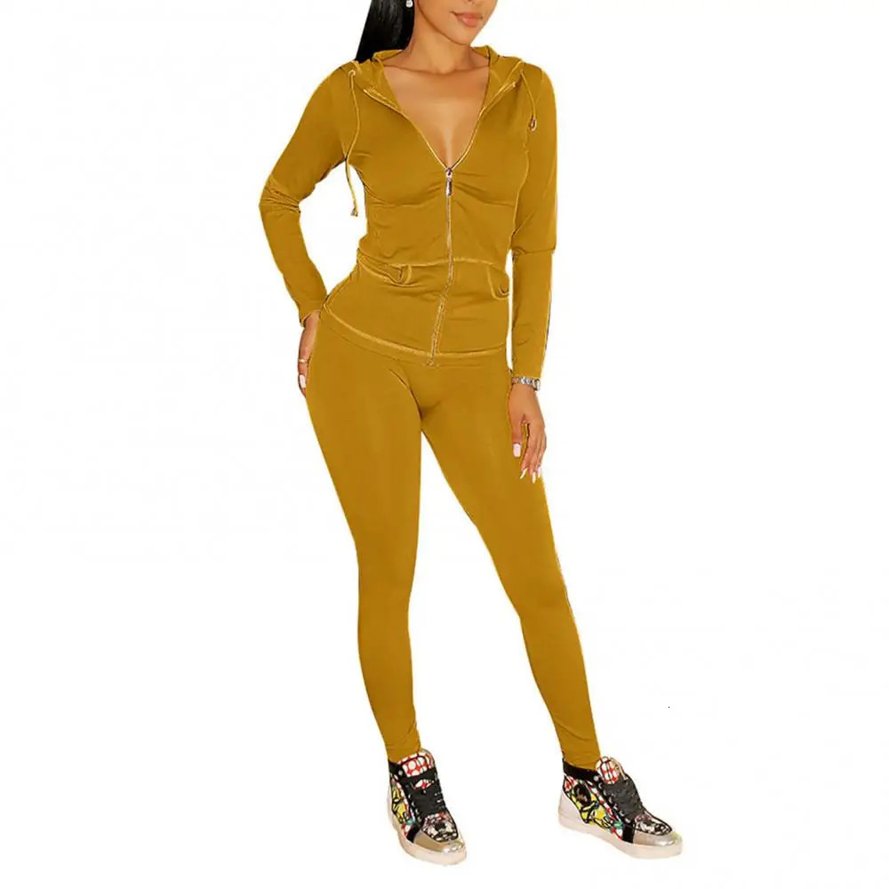 Womens long sleeved hooded pocket jacket tight pants sportswear 241007