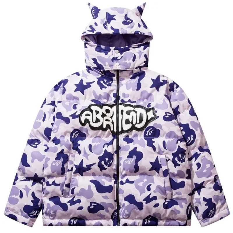 Men's Down Parkas High Strt Detachable Hoodie Devil Horn Warm Parkas Jacket Mens Hip Hop Camo Thick Cushion Coats Harajuku Inflatable Jacket Y241