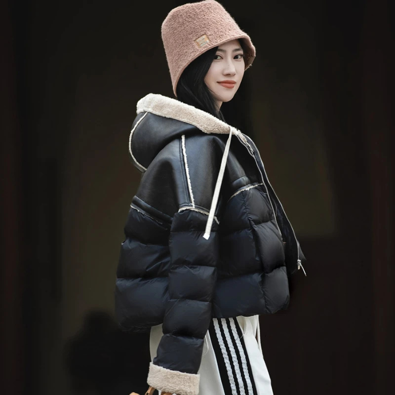 Winter womens jacket PU leather Lambswool patch work white duck down fashionable thick warm jacket loose with hood jacket 241009